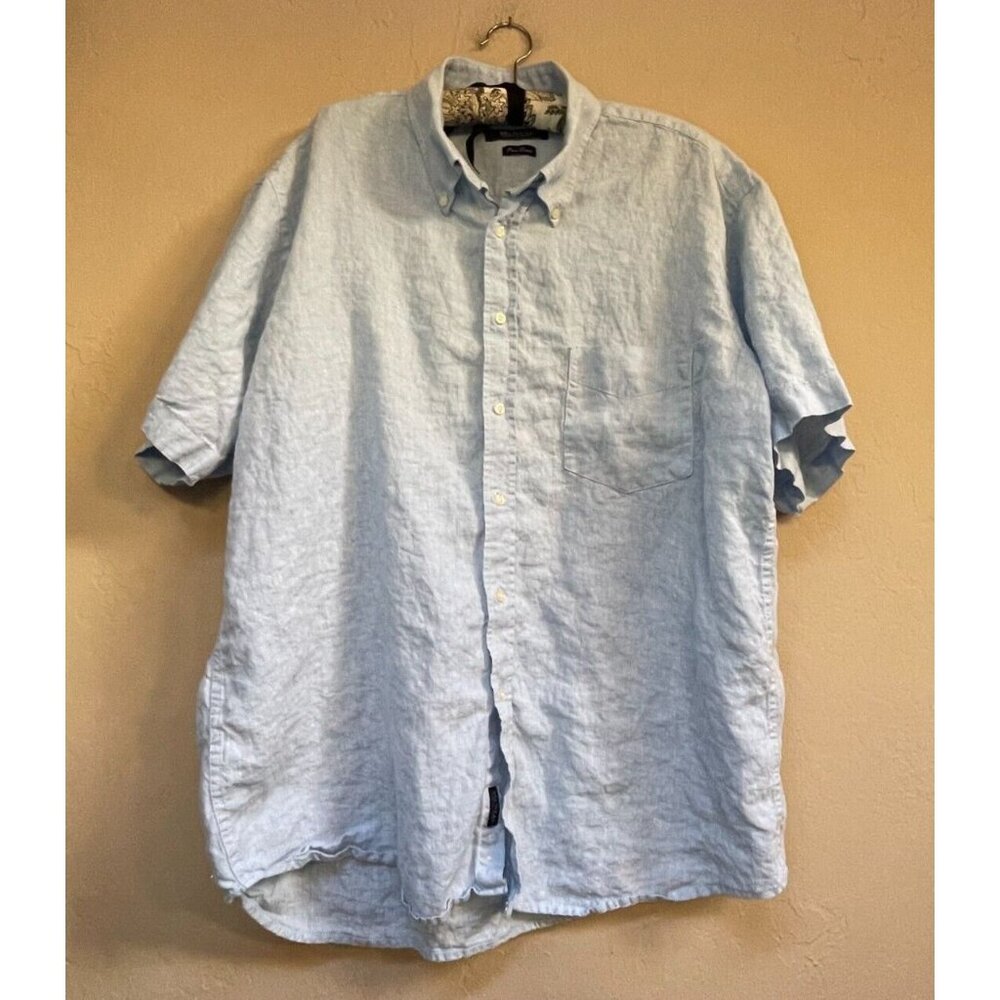 McNeal Mens Button-Down Pure Linen Short Sleeve Casual Shirt XL Blue Pocket